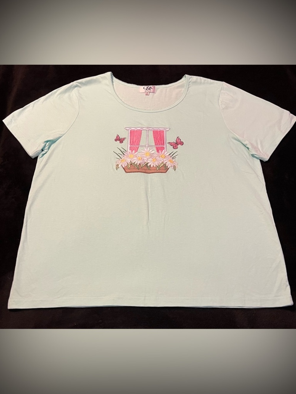 EUC C&K Designs Light Blue Embroidered Floral Window Tee Women’s 2XL